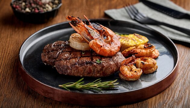 delicious surf and turf combo featuring steak and grilled shrimp high resolution image