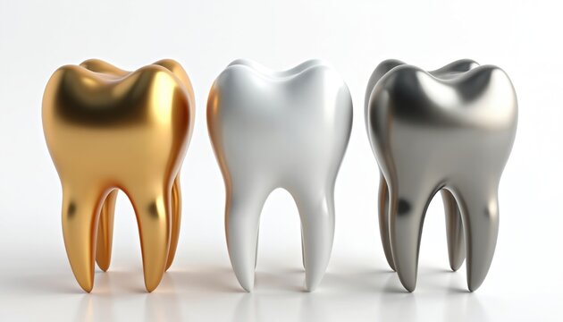 Gold tooth, white tooth, and silver amalgam tooth stand side by side on white background. Different dental materials comparison for tooth restoration.