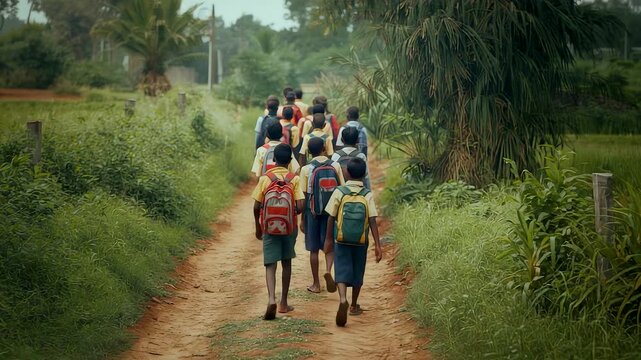 Group Schoolchildren Walking Rural Dirt Path Backpacks Village Road Tropical Greenery Adventure