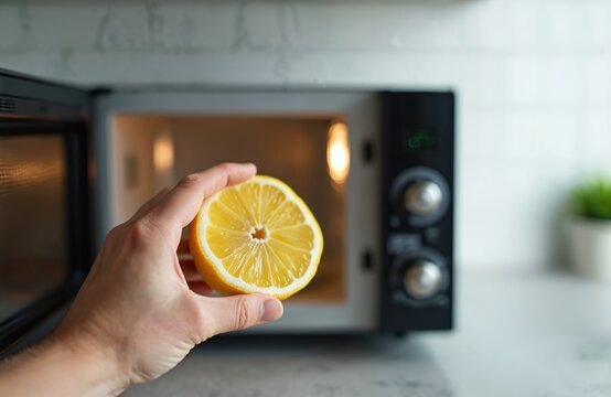 Man cleans microwave oven using half lemon. He places fruit inside appliance to deodorize and disinfect. Natural cleaning method for kitchen gadget.