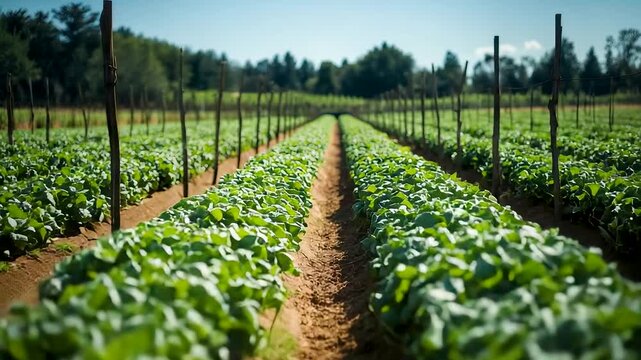 Rows Green Cabbage Crops Vegetable Farm Field Trellis Supports Sunny Day Agriculture Landscape