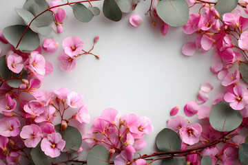 Flowers composition. Frame made of pink flowers and eucalyptus branches on white background. Valentines day, mothers day, womens day concept. Flat lay, top view