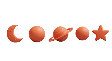 Orange Plastic Toys Moon Planet Star on White Background
