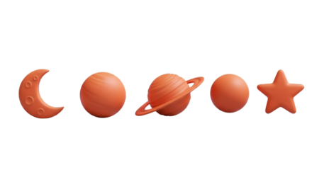 Orange Plastic Toys Moon Planet Star on White Background