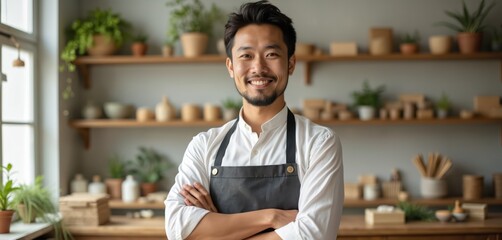 Asian man in apron stands in shop selling natural organic spa soaps and oils. He is proud owner smiling. Shelves behind him hold products and plants. Healthy lifestyle entrepreneur.