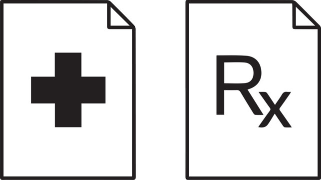 simple minimalist line vector icon of a piece of paper with a cross or Rx symbol on white background