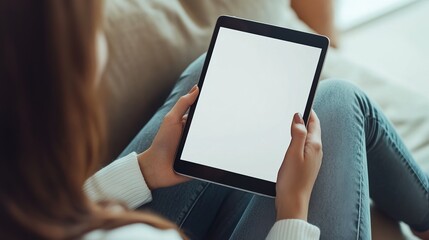 A woman sitting comfortably on a couch holding a tablet with a blank screen