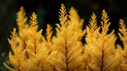 vibrant golden yellow conifer foliage macro closeup with lush feathery branches and bokeh backdrop for nature wallpaper or seasonal banner