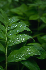 Beautiful green plant leaves with raindrops close up, natural background. freshness nature image. spring, summer season. rainy weather. ecology, organic, earth day. template for design