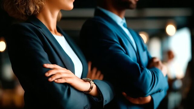 Two confident business partners standing back to back with crossed arms faceless man and woman defocused professional background partnership equality success collaborative duo