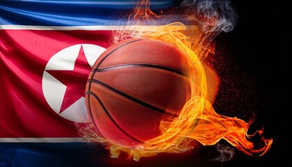 Fototapeta premium basketball ablaze with fire hovers before the North Korean flag—intense and symbolic. The image conveys passion, power, or political tension through sport and flame.
