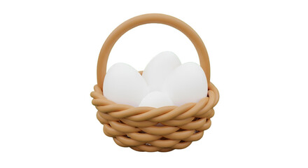 White eggs in wicker basket on white background