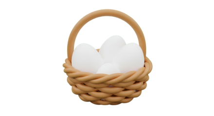 White eggs in wicker basket on white background