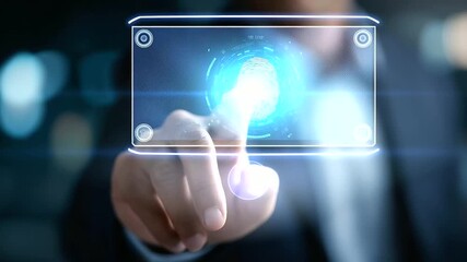 Biometric security specialist holding global industry protection symbols faceless professional defocused digital background fingerprint facial iris verification authentication