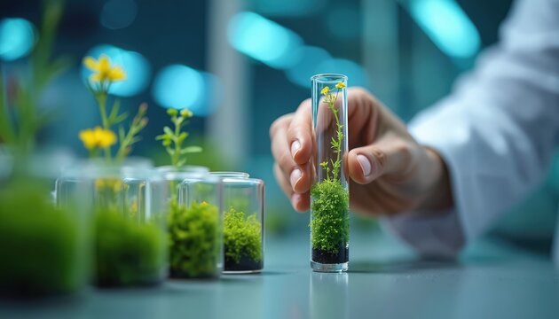Scientist holds test tube with green plant for study. Researching plant growth in lab. Developing new botany science experiments. Nature research project in laboratory setting.
