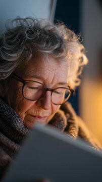 A woman with glasses is reading a book. She is wearing a gray scarf and she is in a relaxed mood