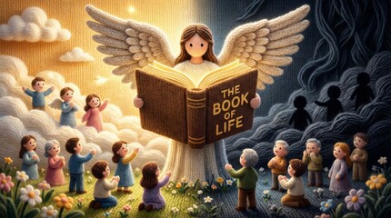 Knitted angel with wings holding an open book of life, overseeing cheerful people in heaven and dark figures in hell. Biblical story concept.