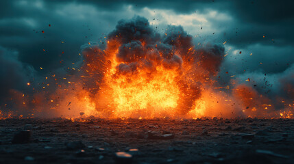 apocalyptic firestorm surges across scorched barren wasteland under ominous stormy clouds intense editorial illustration background