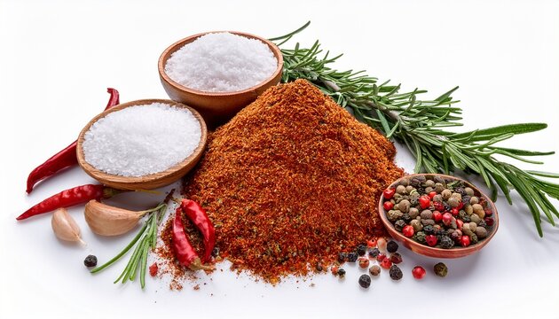 assorted spices herbs rosemary pepper red pepper flakes salt seasoning cooking ingredients isolated on white background
