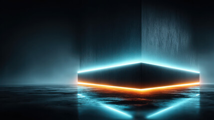 neon edged cube glowing in misty dark abyss with blue orange reflections futuristic sci fi wallpaper background