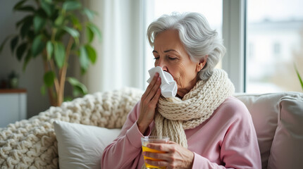 Elderly woman in cozy attire with scarf, holding a cup of tea and using tissue, sitting on a couch, by a window. Common cold concept