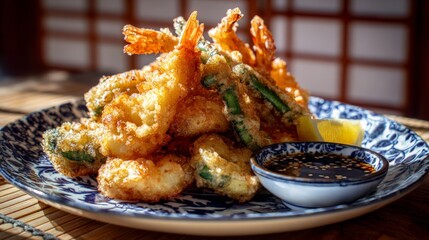 A plate of fried shrimp and vegetables with a dipping sauce. The plate is blue and white and the food is arranged in a visually appealing manner
