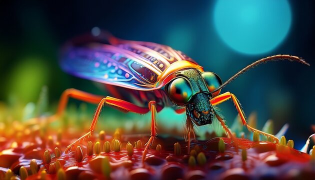 detailed view of a tiny insect under vibrant lighting this macro shot reveals intricate features and textures perfect for educational or artistic use generative ai