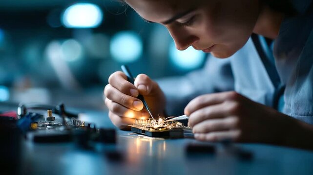 Technician meticulously repairing mobile device circuitry with precision instruments faceless specialist defocused workbench background smartphone maintenance expertise