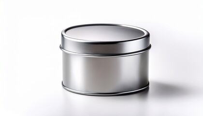 shiny silver metal tin container mockup for food storage tea coffee and powder products stock photo isolated on white background