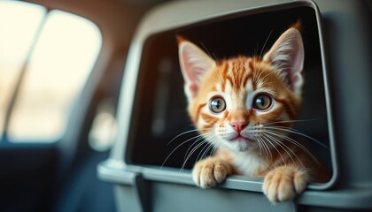 Cute ginger kitten peeks out of travel carrier inside a car. Small cat looks curious about road trip and new adventures. Pet transport safety needs care.