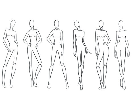 Set of female fashion model croqui templates. Vector collection of six different women's body silhouettes in standard runway and posing stances, drawn in a clean, black and white line art style