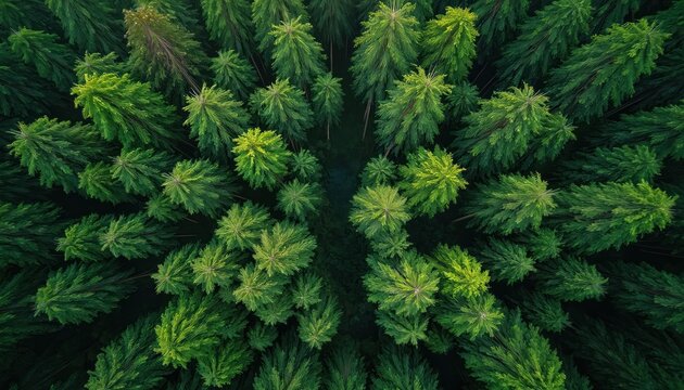 Aerial view looking down on a dense, green pine forest. Sunlight filters through the trees creating a textured canopy. Lush trees fill the frame from above. - Powered by Adobe