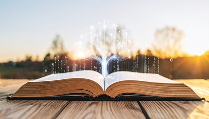 Digital Knowledge Tree Growing from Open Vintage Book with Binary Code Rain at Sunset