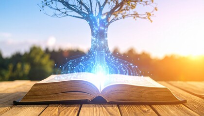 Glowing Digital Tree of Knowledge Growing from Open Book on Wooden Deck at Sunset, Symbolizing Education and Technology