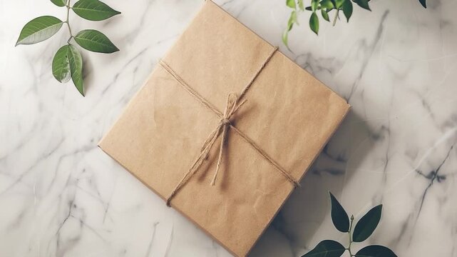 Video A wooden box tied with twine sitting on a smooth white marble surface