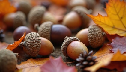 Close view of ripe acorns scattered on ground with dry fall leaves. Oak nuts and colorful foliage in natural woodland setting. Autumn season harvest, organic nature food.