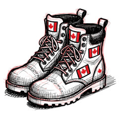 Hand Drawn Canada Day Boots with Maple Leaf Pattern in Red and White as Patriotic Footwear Sketch Illustration on White Background