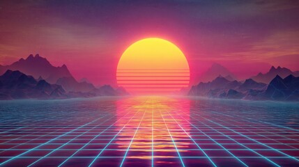 Vibrant sunset over futuristic grid landscape with mountains