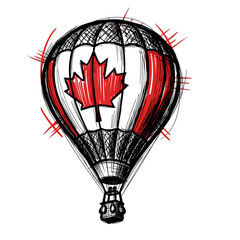 Hand Drawn Canada Day Hot Air Balloon with Maple Leaf in Red and White Patriotic Sketch Illustration on White Background