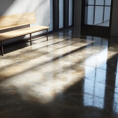 Sunlit indoor space with bench