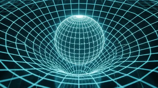 Abstract Geometric Sphere Within A Grid Structure In Glowing Cyan On A Dark Background