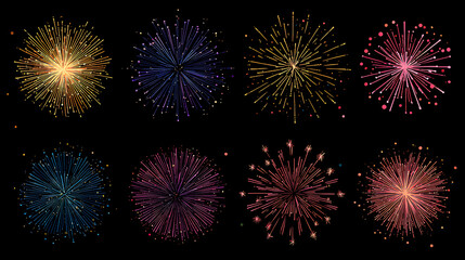 Line firecrackers. Colorful radial firework linear sun icons, circular fireworks starburst explosion with sparkles. Vibrant festive decoration, celebration design, overlay effect. Simple vector