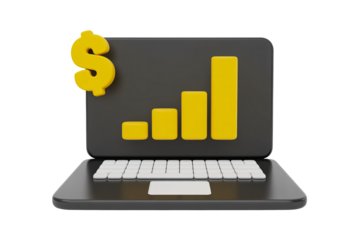 Laptop with rising graph and dollar sign in modern minimalist style with bright yellow color on dark background for financial analysis