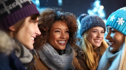 Faceless young people smiling and interacting outdoors in falling snow during cold winter evening, seasonal youth fun, defocused snowy background, with copy space