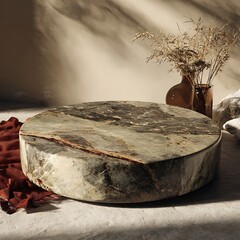 Rustic marble coffee table with decorative vase