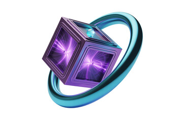 Glowing purple cube in futuristic blue ring with neon lighting and digital texture for gaming interface