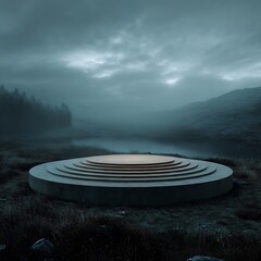 Mystical amphitheater in foggy landscape