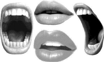 Set of woman lips retro halftone collage elements vector illustration pop art style. Mouths collection including scream, bite, and smile