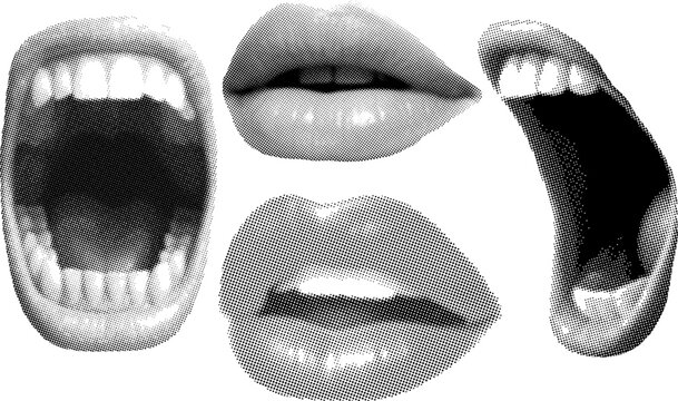 Set of woman lips retro halftone collage elements vector illustration pop art style. Mouths collection including scream, bite, and smile