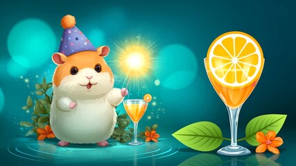 New year party celebration greeting card with text, cute animal with sparkler and beverage glass, isolated on turquoise background, festive character, humorous theme, with copy spa